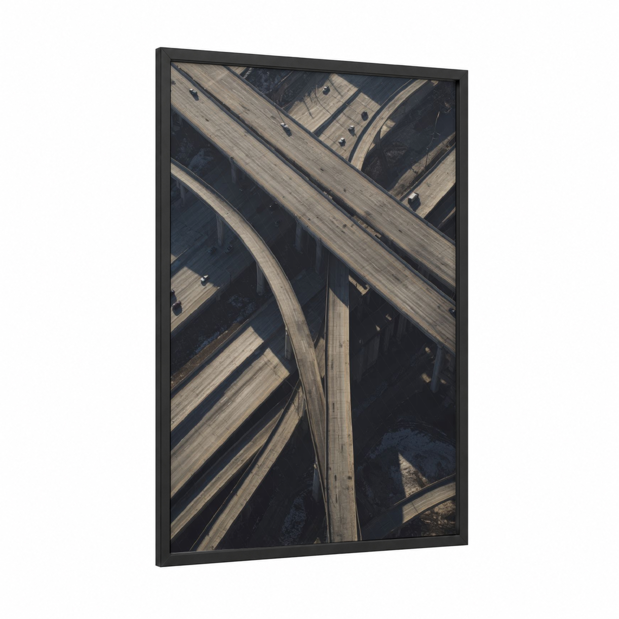 Aerial Highway Interchange framed road and highways print — black wood frame — gray and black and white palette