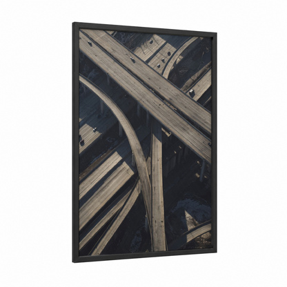 Aerial Highway Interchange framed road and highways print — black wood frame — gray and black and white palette