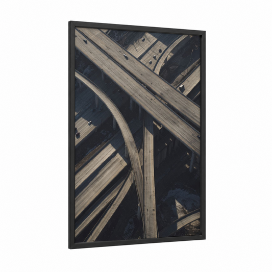 Aerial Highway Interchange framed road and highways print — black wood frame — gray and black and white palette