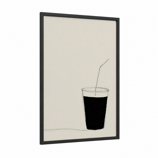 Minimalist Cola framed fast food print — black wood frame — beige and black palette
