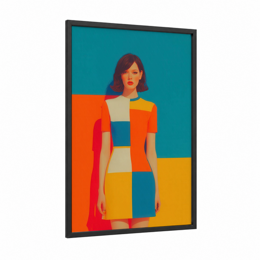 Bold Geometric Woman framed women's fashion print — black wood frame — orange and teal palette