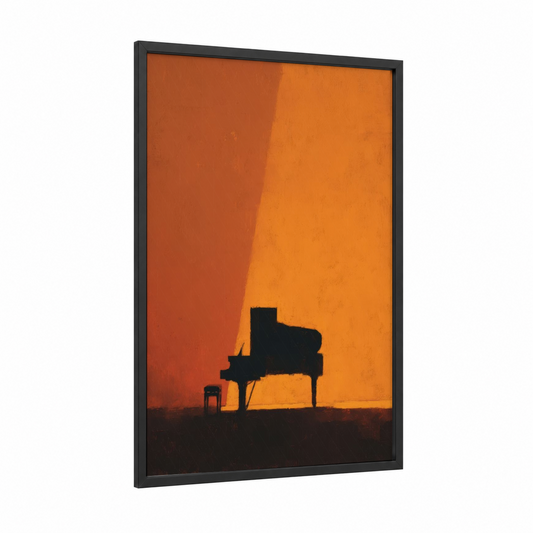Sunset Piano Silhouette framed art print — black wood frame — orange and black and white palette