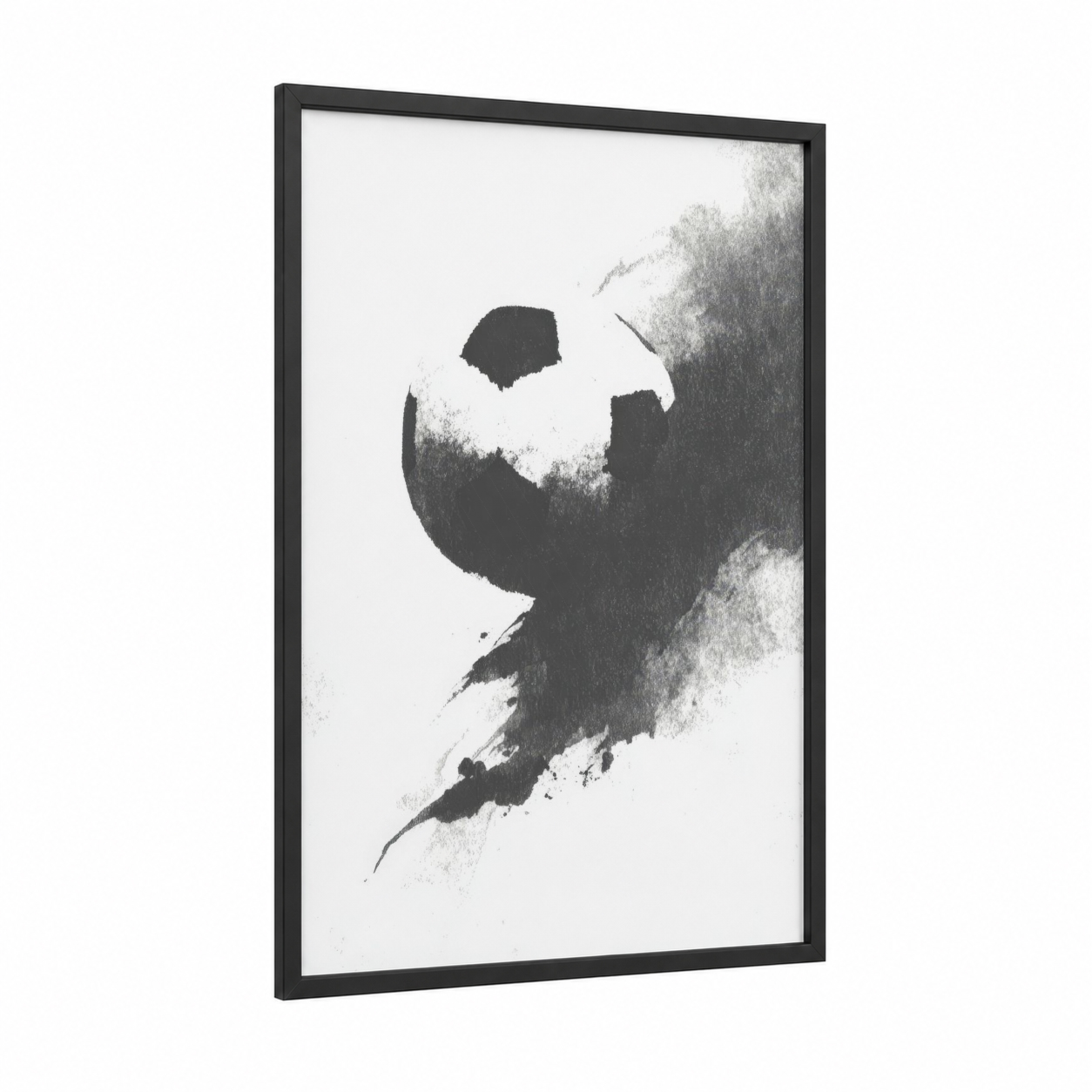 Abstract Soccer framed art print — black wood frame — black and white and gray palette