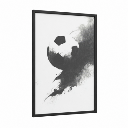 Abstract Soccer framed art print — black wood frame — black and white and gray palette