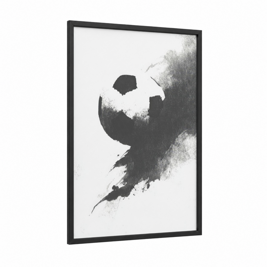 Abstract Soccer framed art print — black wood frame — black and white and gray palette