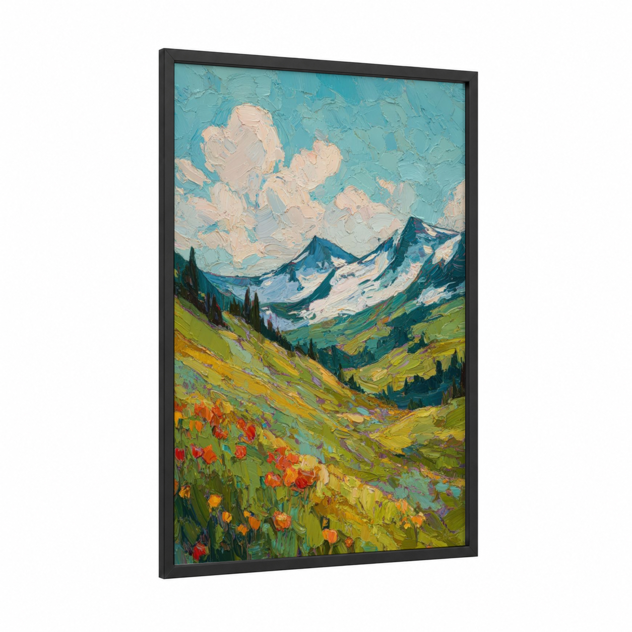 Alpine Wildflower Valley framed snowy mountains print — black wood frame — turquoise and lime green palette