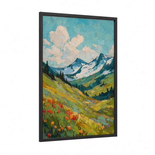 Alpine Wildflower Valley framed snowy mountains print — black wood frame — turquoise and lime green palette