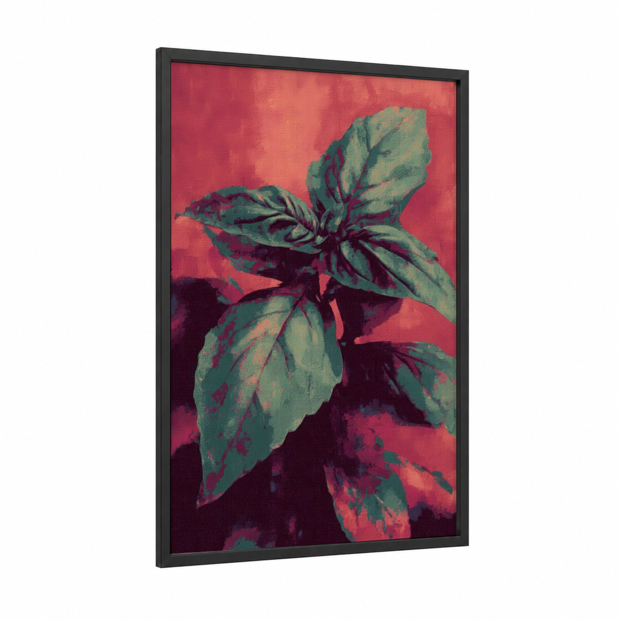 Vibrant Basil framed herbs print — black wood frame — magenta and sage green palette