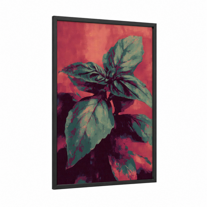 Vibrant Basil framed herbs print — black wood frame — magenta and sage green palette