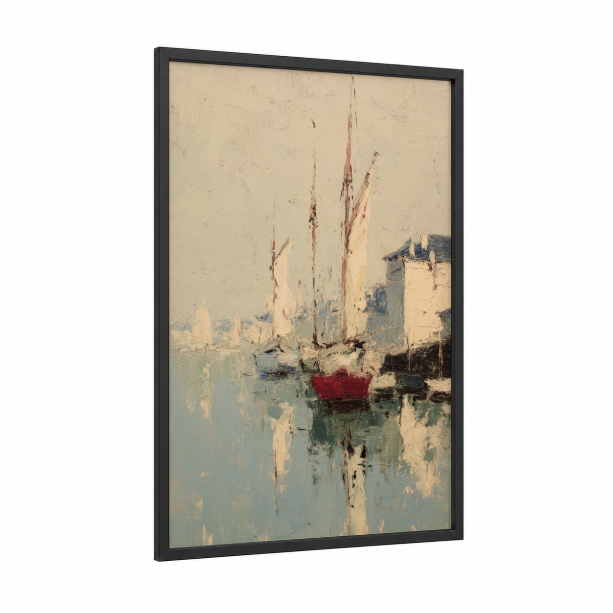 Sailboat Harbor framed port print — black wood frame — cream and dove gray palette