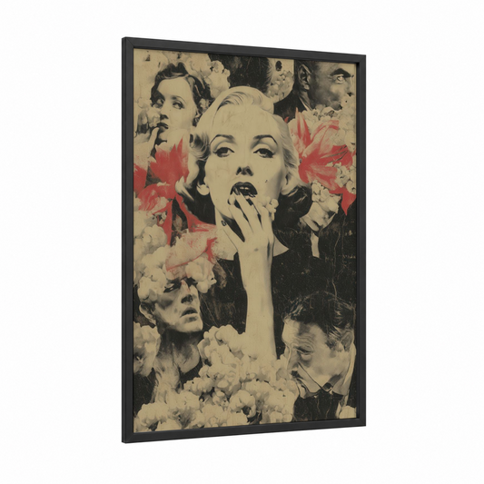 Vintage Popcorn framed art print — black wood frame — black and white and red palette