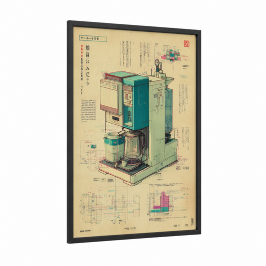 Vintage Coffee Maker framed blueprints print — black wood frame — cream and teal palette