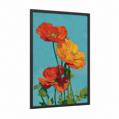 Vibrant Poppies framed art print — black wood frame — red and turquoise palette