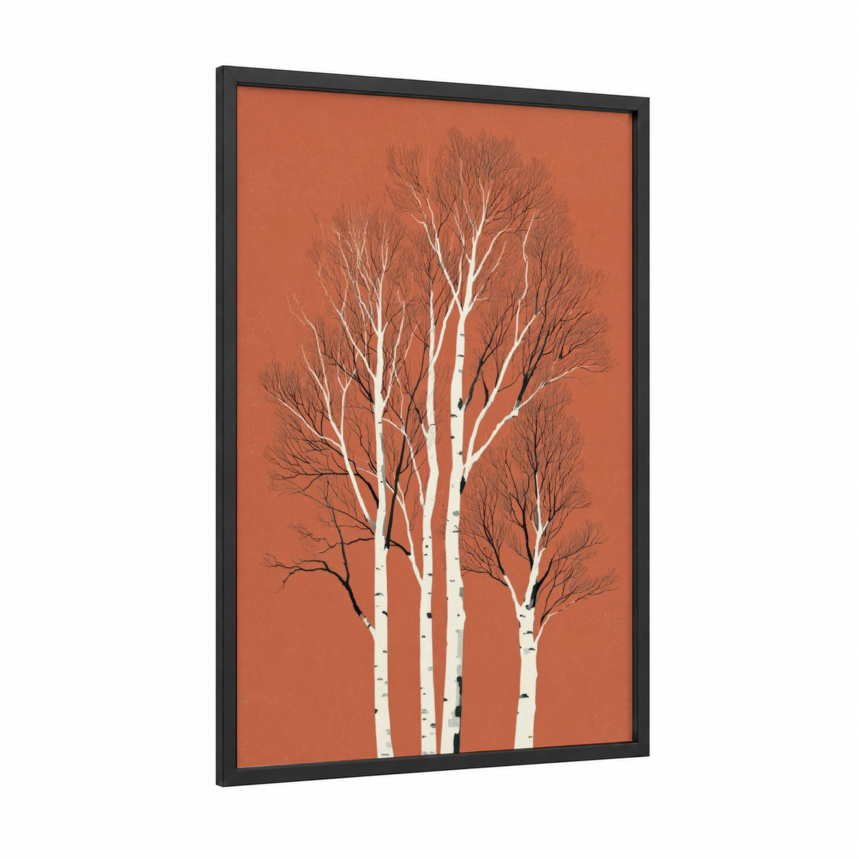 Autumn Birches framed art print — black wood frame — orange and white palette