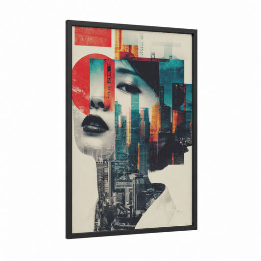 Urban Reverie framed japanese retrofuturism print — black wood frame — red and teal palette