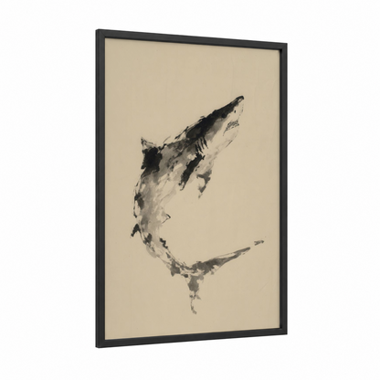 Ascending Shark framed sand tiger shark print — black wood frame — black and white and beige palette