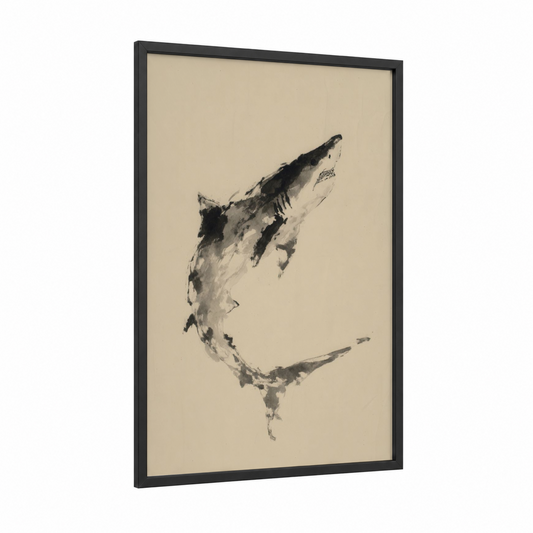 Ascending Shark framed sand tiger shark print — black wood frame — black and white and beige palette