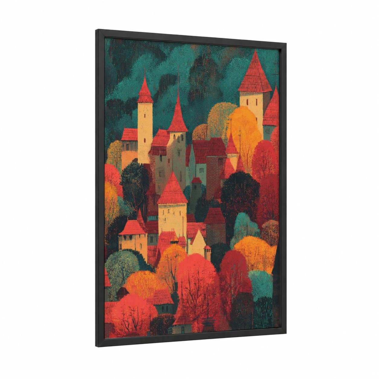 Autumn Castle Forest framed art print — black wood frame — teal and orange palette