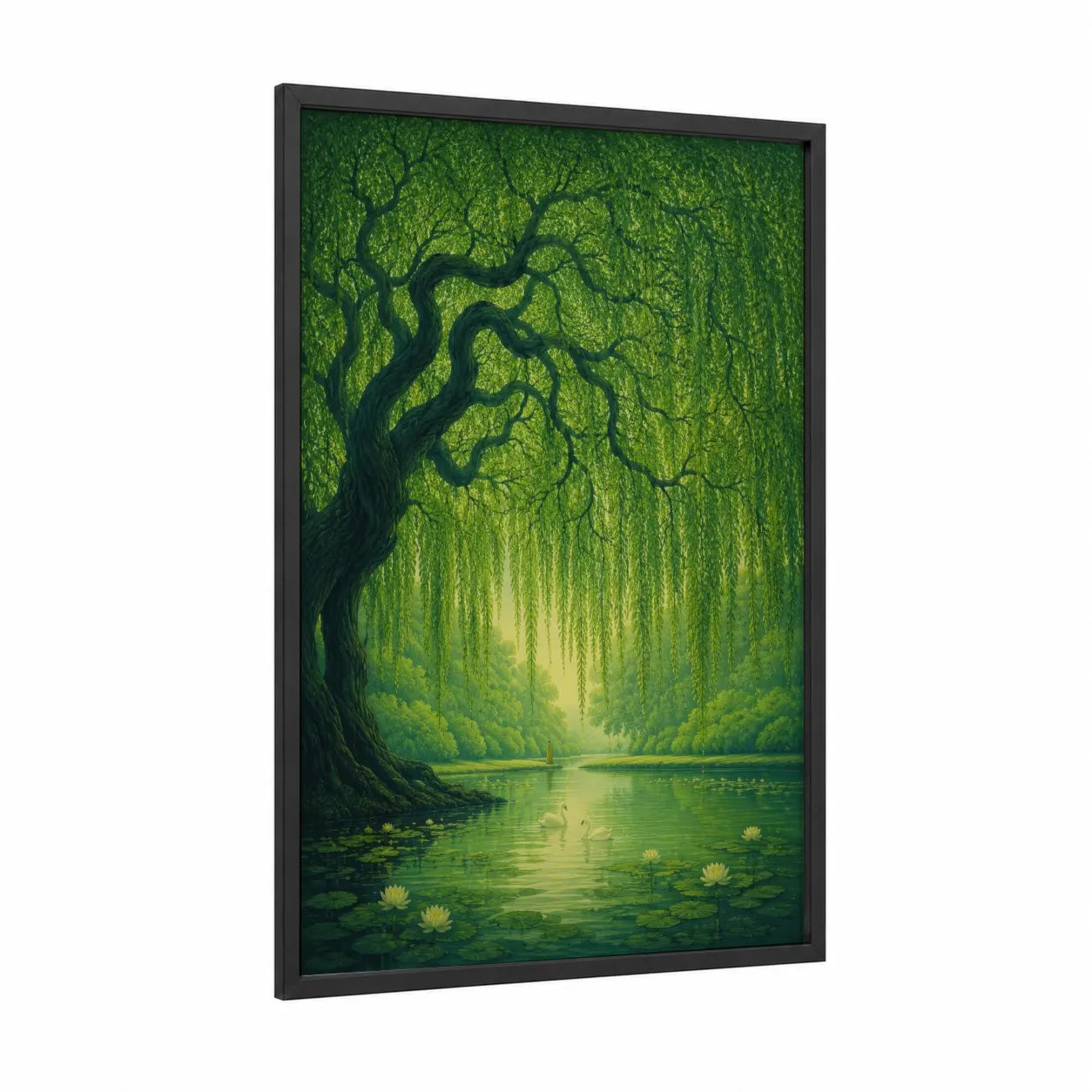 Tranquil Willow Tree Swan Lake Wall Art framed art print — black wood frame — true green and lime green palette
