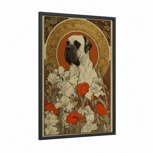 Noble Mastiff Portrait framed art print — black wood frame — cream and red palette