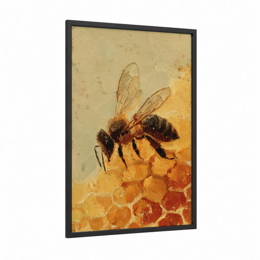 Golden Honeycomb Bee framed art print — black wood frame — gold and orange palette