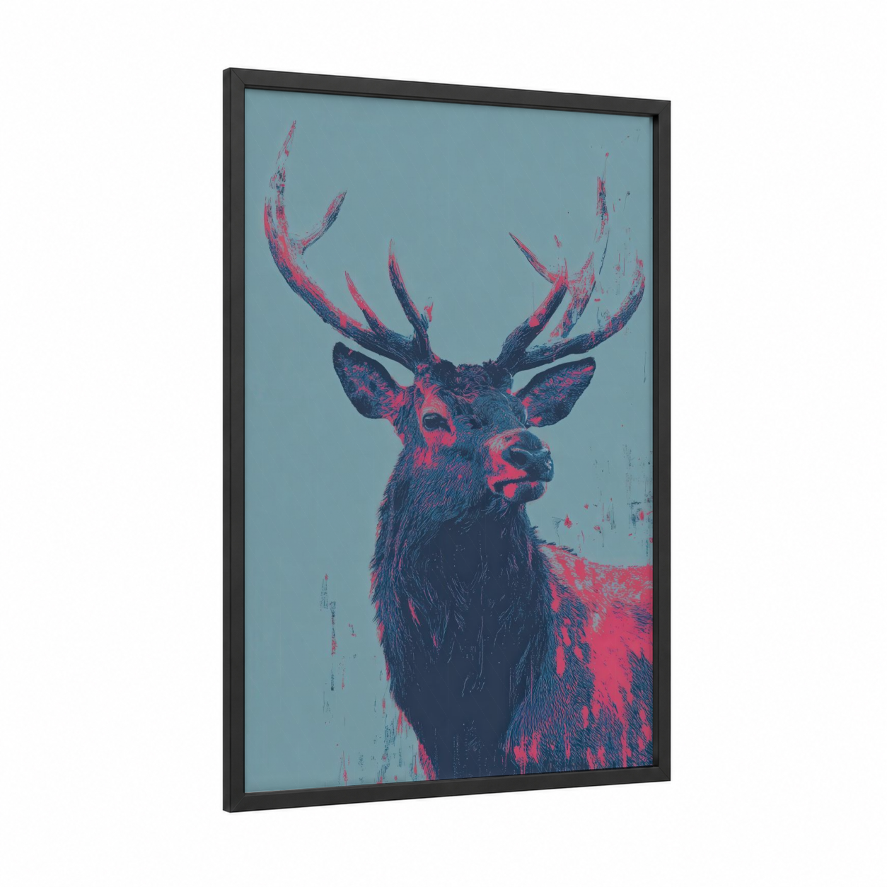 Neon Elk framed art print — black wood frame — magenta and teal palette