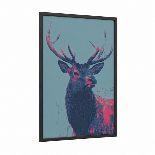 Neon Elk framed art print — black wood frame — magenta and teal palette
