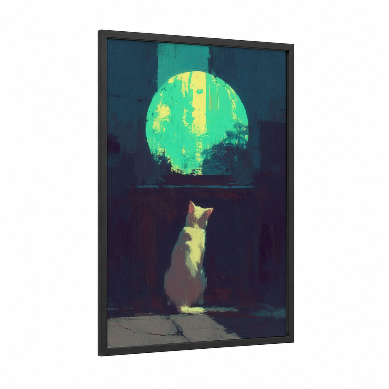 Moonlit Cat framed art print — black wood frame — teal and yellow gold palette