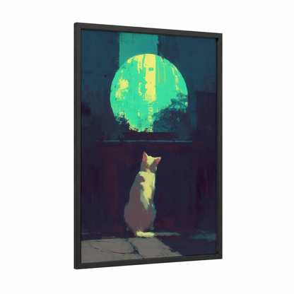 Moonlit Cat framed art print — black wood frame — teal and yellow gold palette