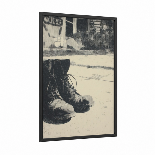 Worn Combat Boots framed veterans day print — black wood frame — black and white and cream palette