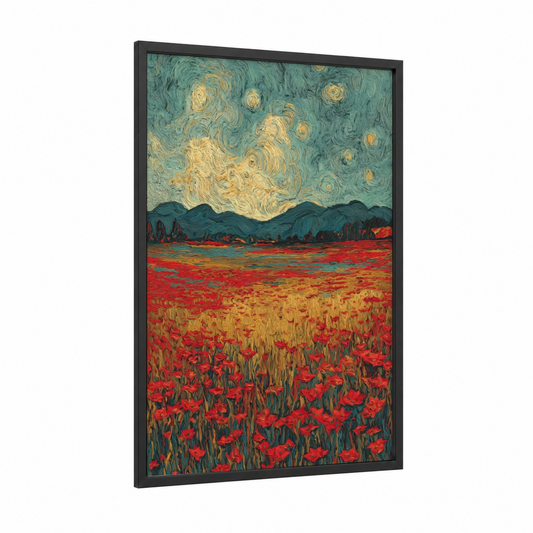 Starry Poppy Field framed poinsettias print — black wood frame — red and gold palette