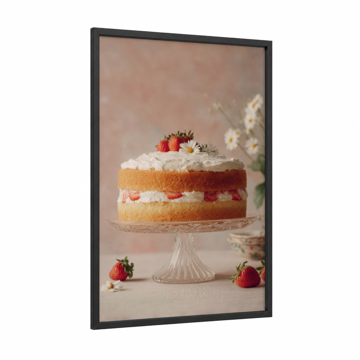 Strawberry Shortcake framed baking print — black wood frame — peach and cream palette