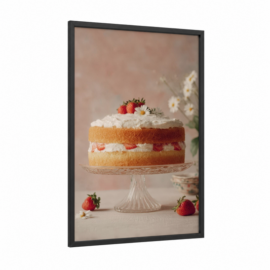 Strawberry Shortcake framed baking print — black wood frame — peach and cream palette