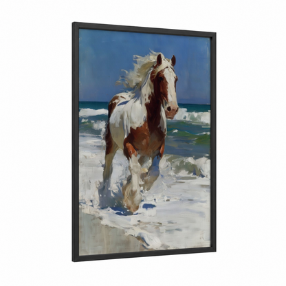 Coastal Clydesdale framed clydesdale horse print — black wood frame — blue and white palette