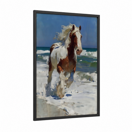 Coastal Clydesdale framed clydesdale horse print — black wood frame — blue and white palette