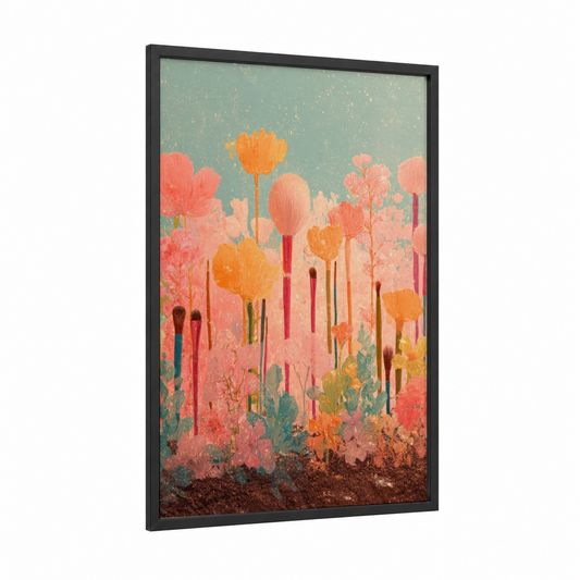 Wildflower Makeup framed make up print — black wood frame — peach and sage green palette