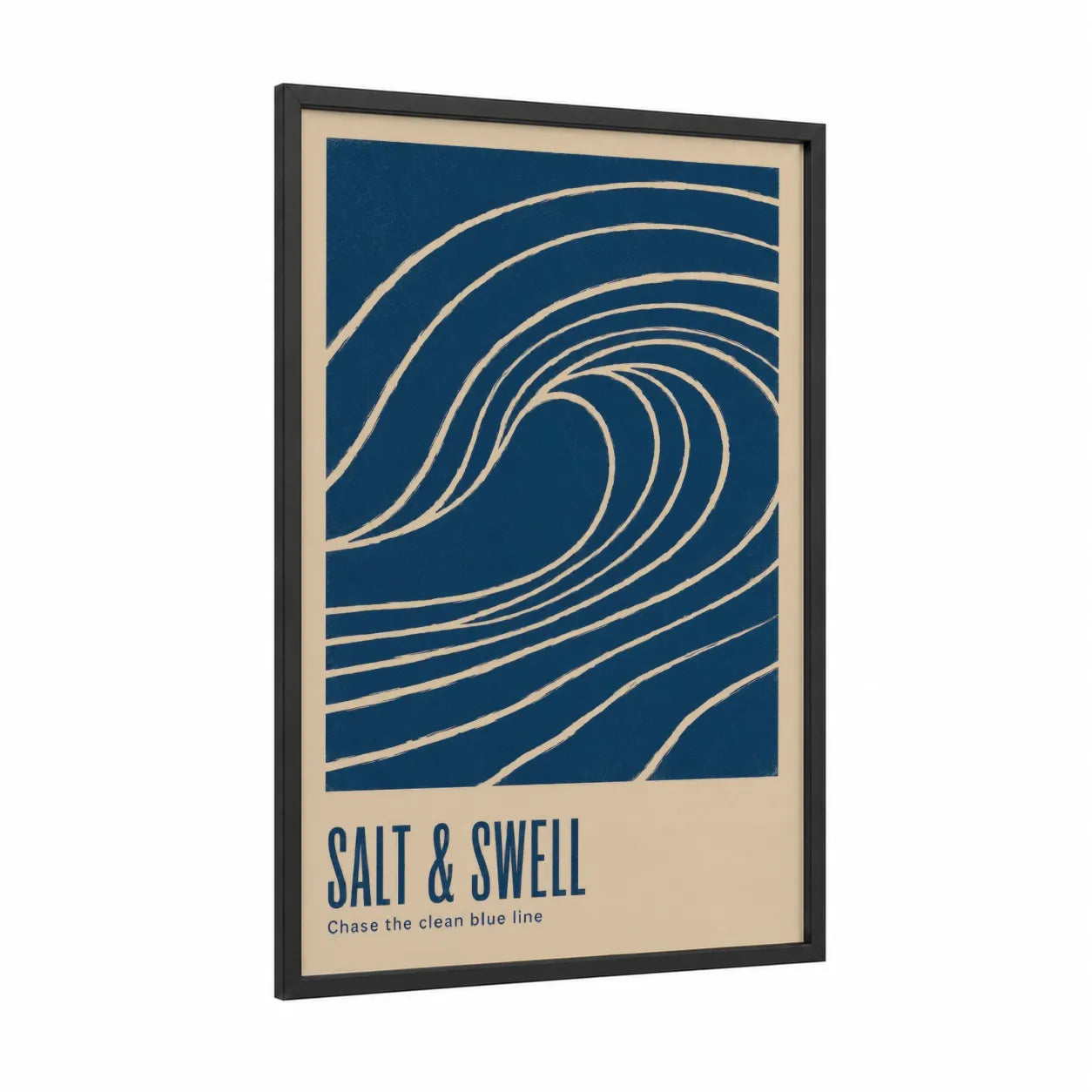 Ocean Wave Line Art Wall Art framed seascapes and ocean print — black wood frame — denim and beige palette