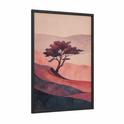Desert Juniper framed juniper tree print — black wood frame — salmon pink and maroon palette
