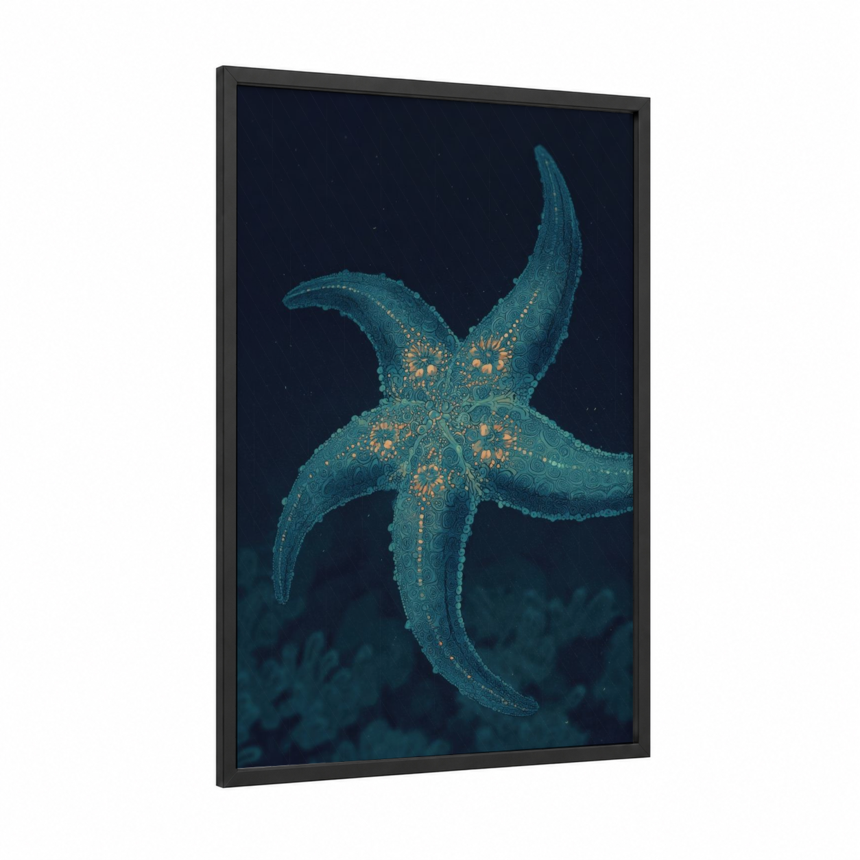 Deep Sea Starfish framed art print — black wood frame — teal and gold palette