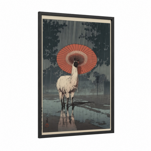 Rainy Llama framed art print — black wood frame — red and gray palette