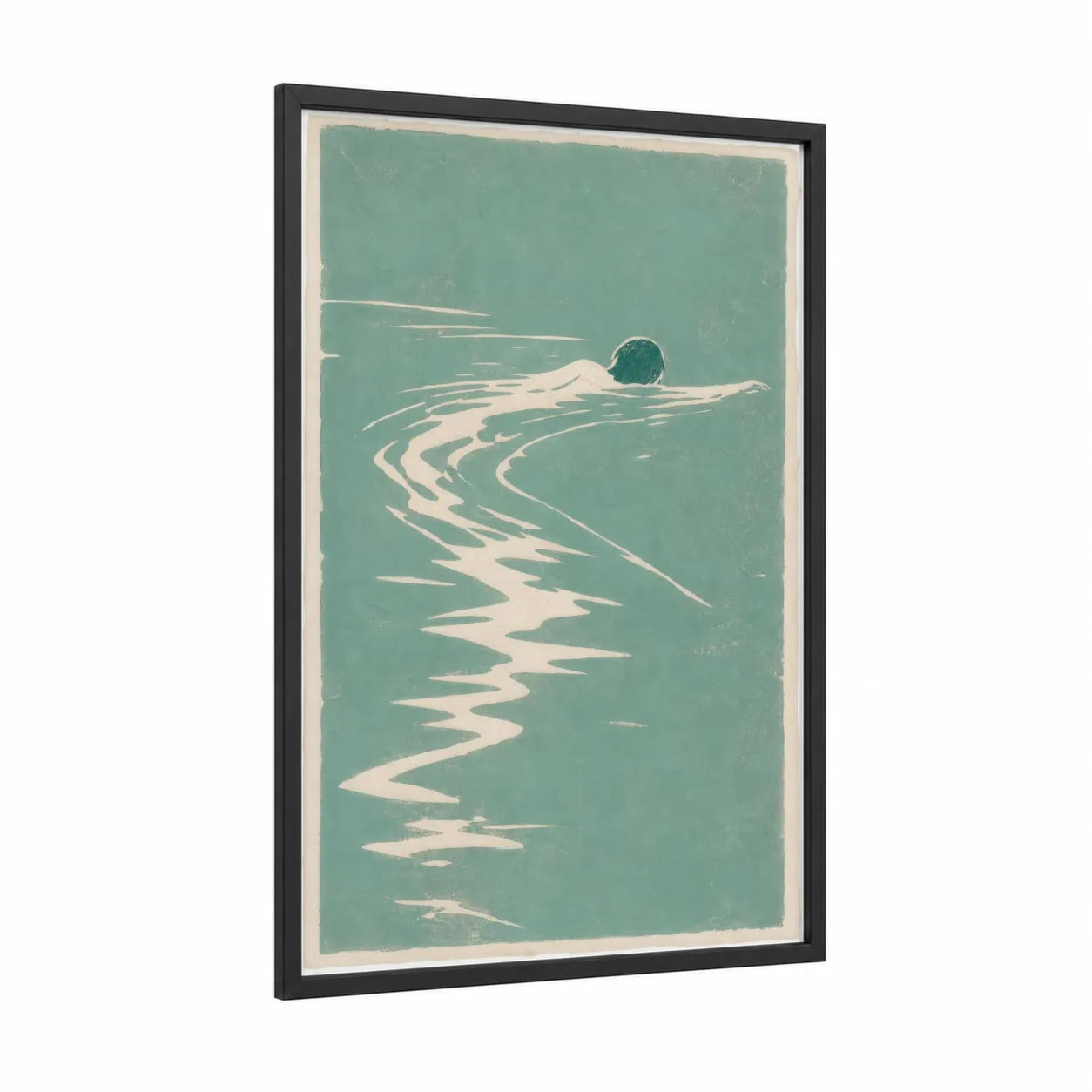 Serene Swimmer Minimalist Wall Art framed swimming print — black wood frame — teal and cream palette