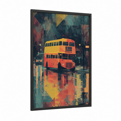 Red London Bus framed art print — black wood frame — red and gold palette