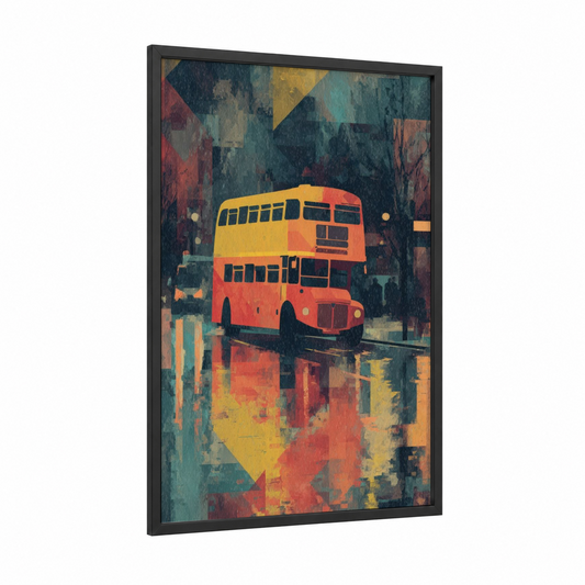 Red London Bus framed art print — black wood frame — red and gold palette
