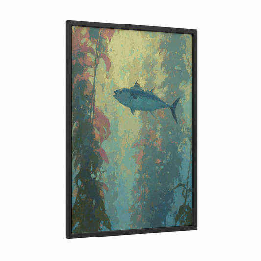 Deep Blue Tuna framed art print — black wood frame — teal and cream palette