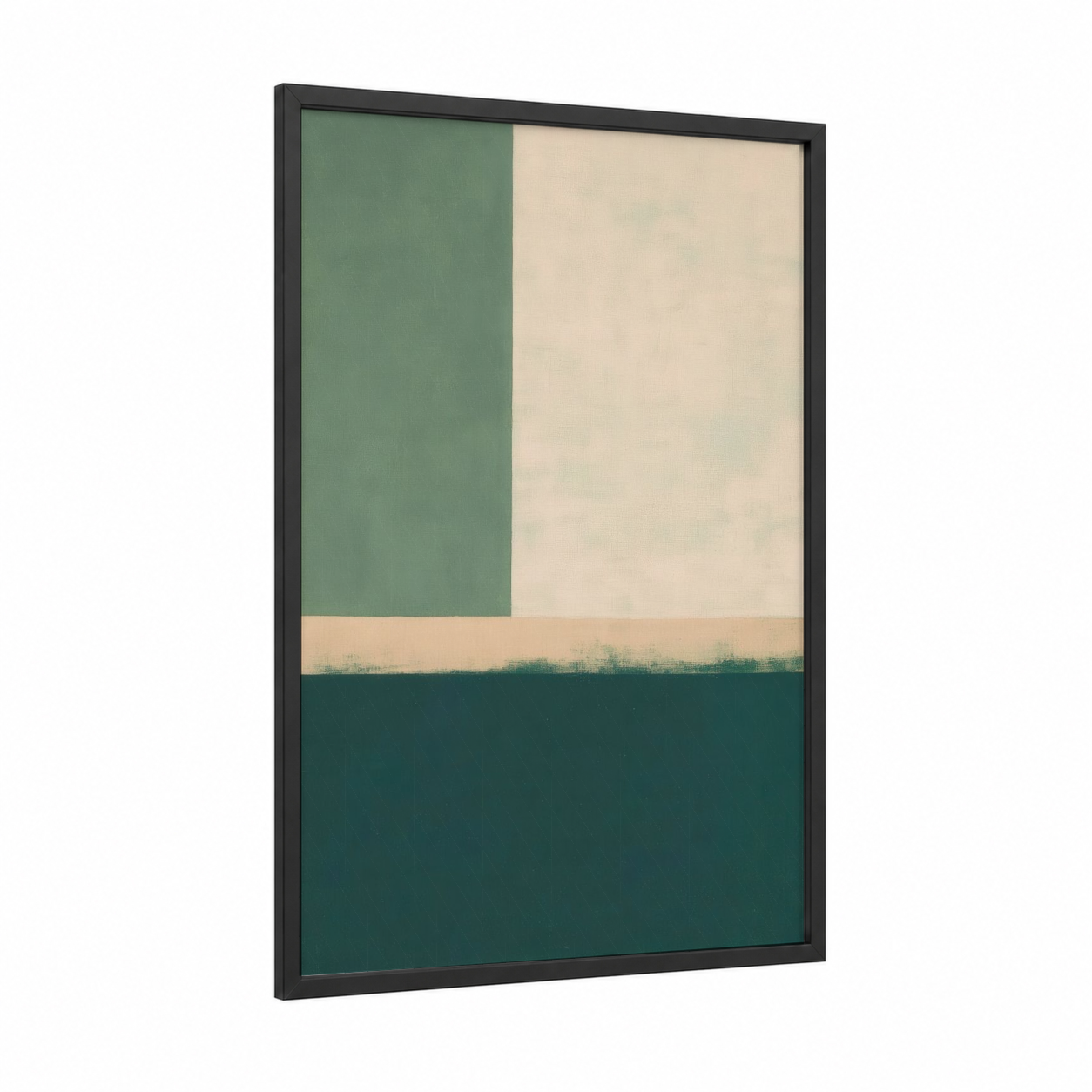 Coastal Minimalist framed abstract minimalist print — black wood frame — sage green and cream palette