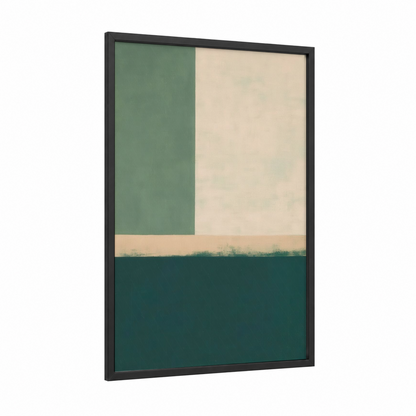 Coastal Minimalist framed abstract minimalist print — black wood frame — sage green and cream palette