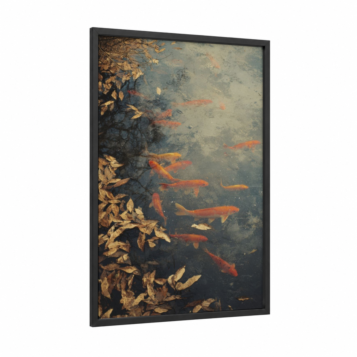 Koi Winter Reflection framed art print — black wood frame — gold and blue and gray palette
