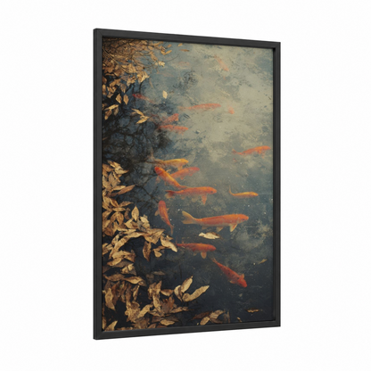 Koi Winter Reflection framed art print — black wood frame — gold and blue and gray palette