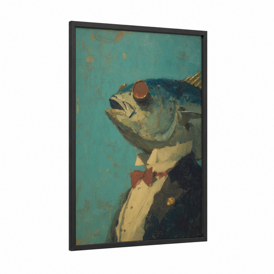 Dapper Tuna framed art print — black wood frame — teal and gold and white palette
