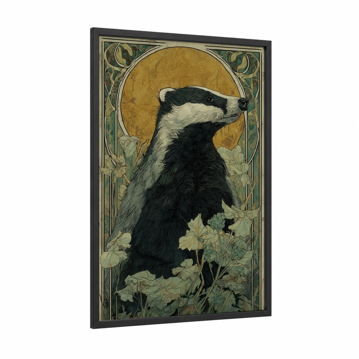 Golden Badger framed art print — black wood frame — gold and black and white palette